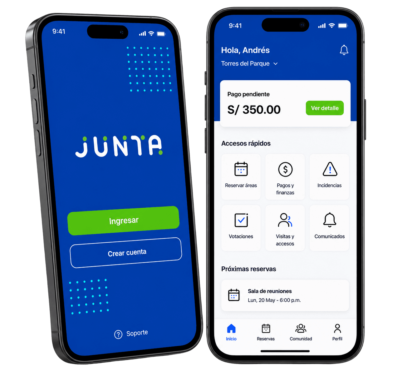 App JUNTA: pantalla de ingreso y panel del residente